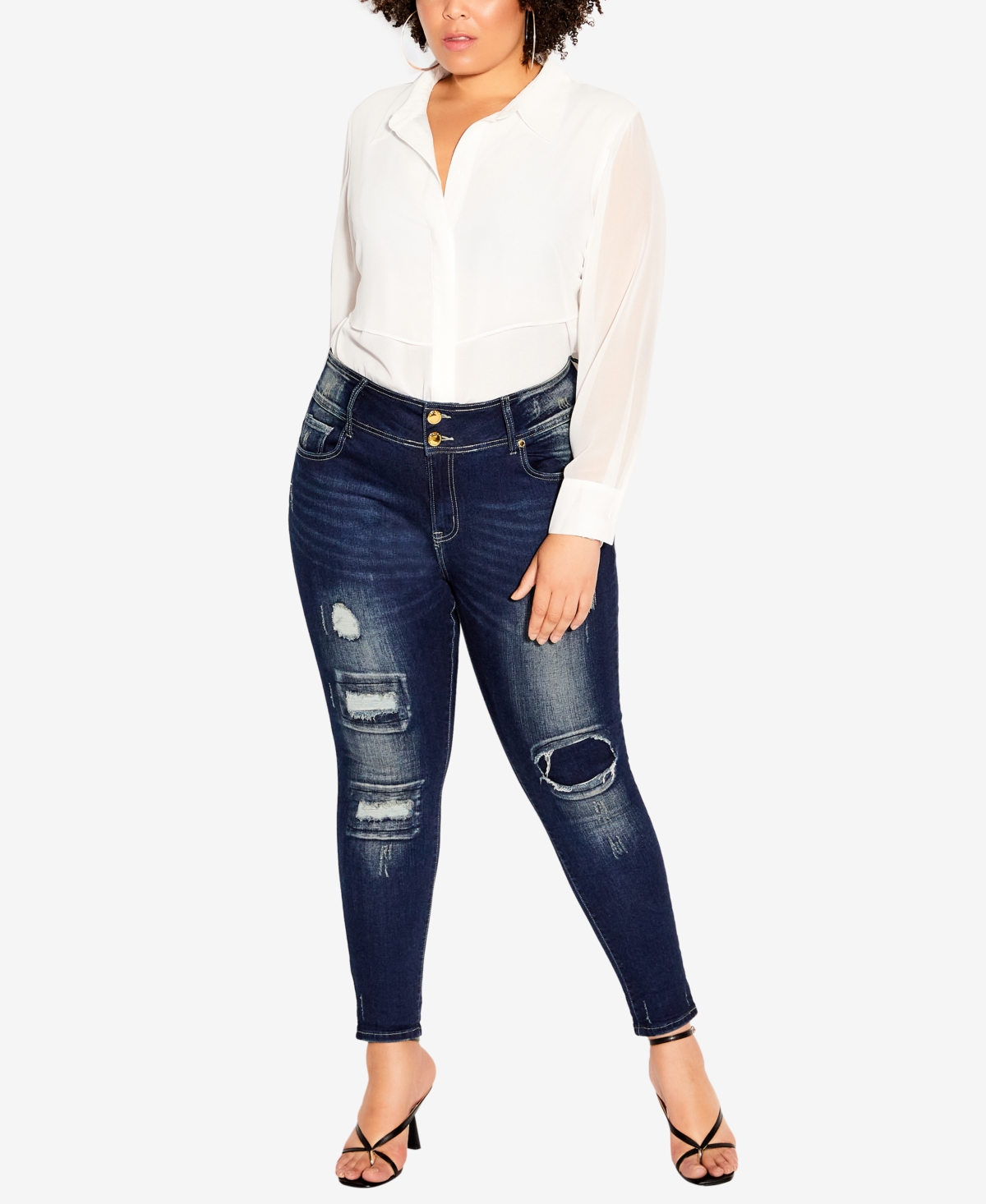 Trendy Plus Size Patched Apple High Rise Skinny Jeans - Denim Mid