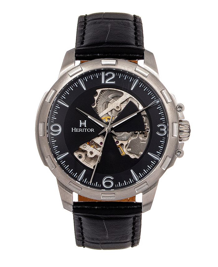 Heritor Automatic Theo Semi Skeleton Genuine Leather Band Watch, 46mm ...