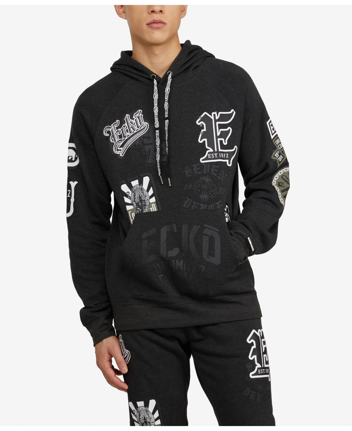 Ecko Unltd Men s Military Inspired Patches Hoodie Charcoal Smart Closet