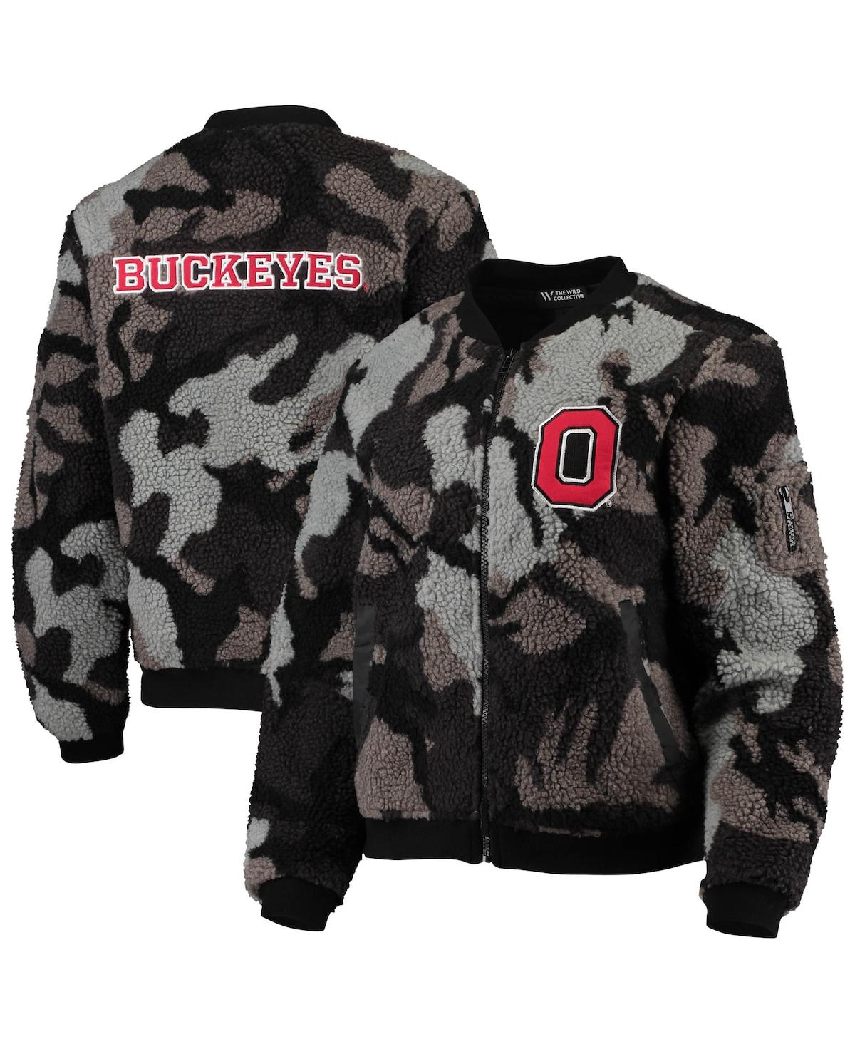 THE WILD COLLECTIVE WOMEN'S THE WILD COLLECTIVE BLACK OHIO STATE BUCKEYES SHERPA BOMBER FULL-ZIP JACKET
