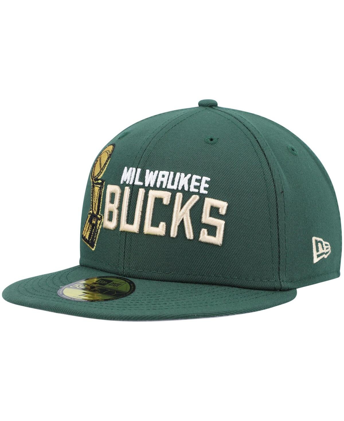 Shop New Era Men's  Hunter Green Milwaukee Bucks Champs Trophy 59fifty Fitted Hat