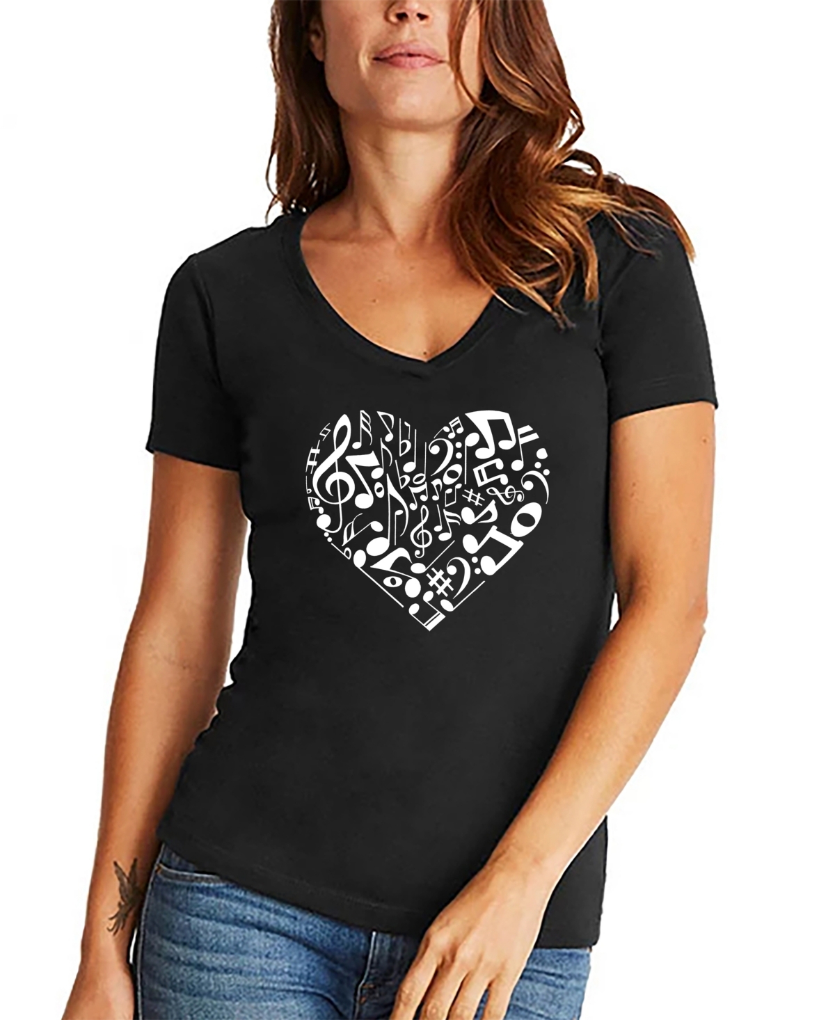 Women's V-neck Word Art Heart Notes T-shirt - Black
