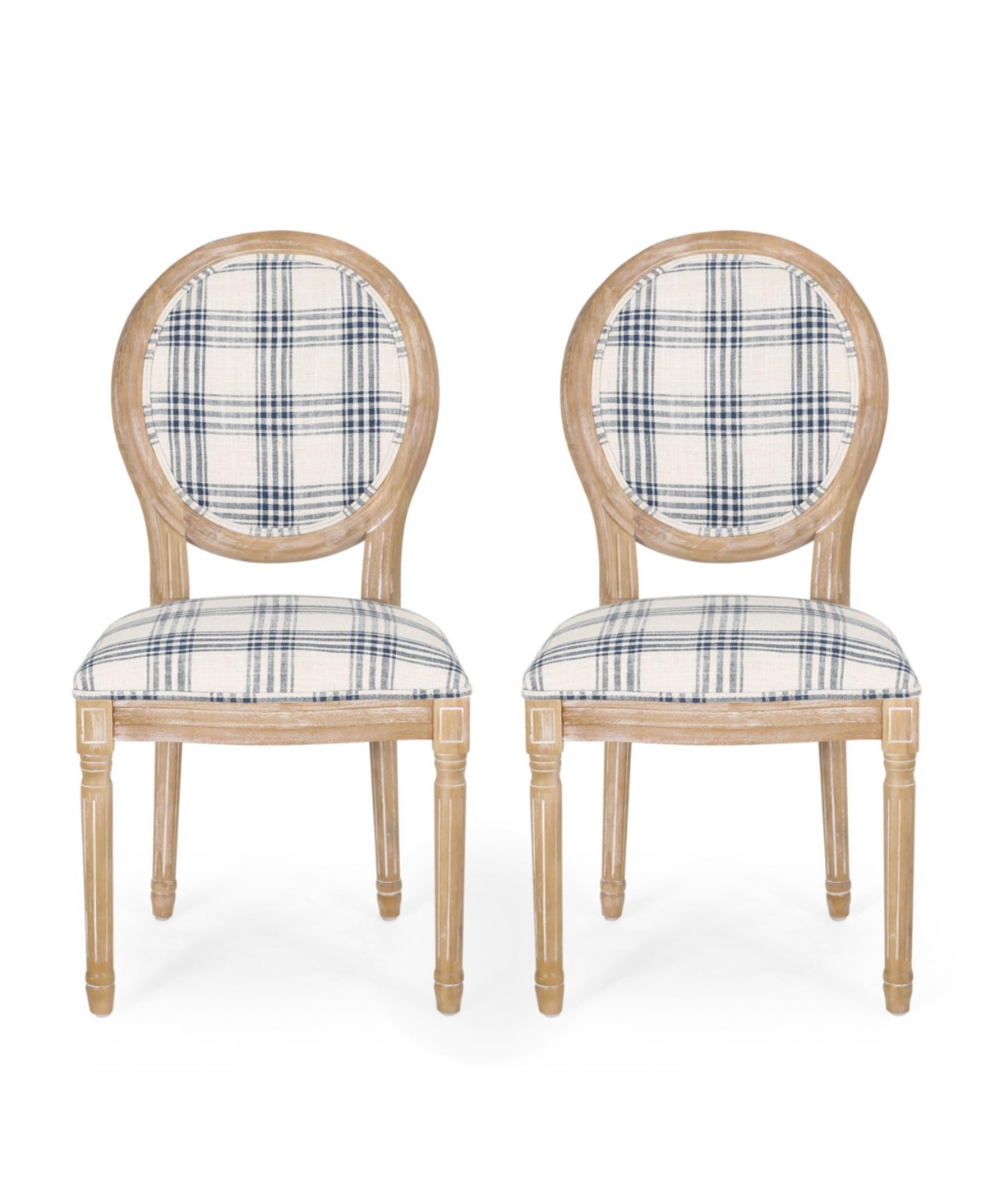 Noble House Phinnaeus French Country Dining Chairs Set, 2 Piece In Dark Blue Plaid And Light Beige