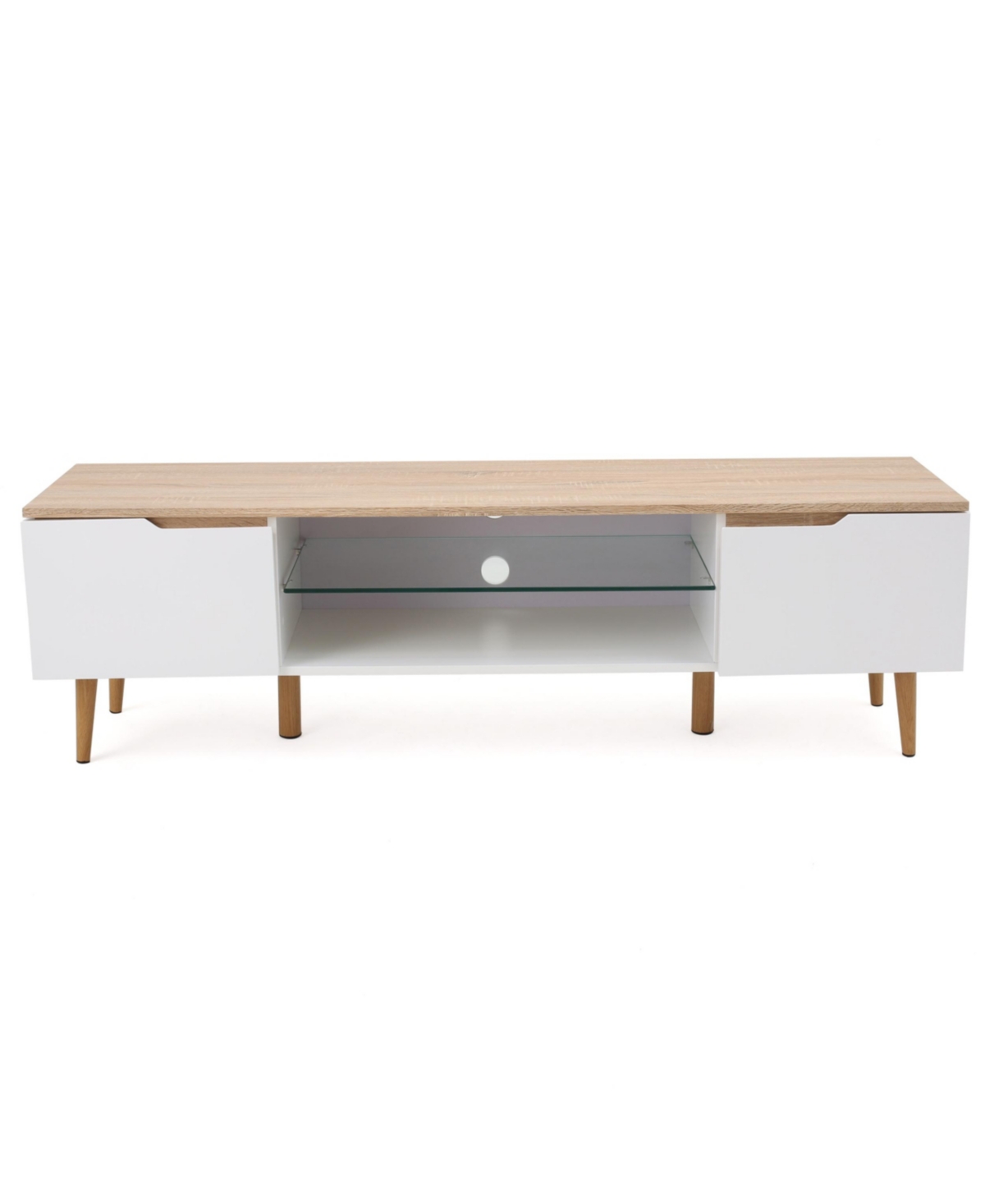 Noble House Rowan Mid-century Modern Two-toned Tv Stand With Glass Shelf In Matte White