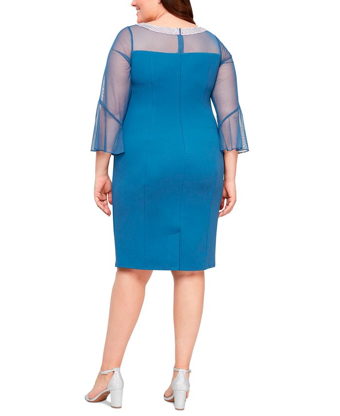 Alex evenings illusion mesh outlet bell sleeve crepe sheath dress