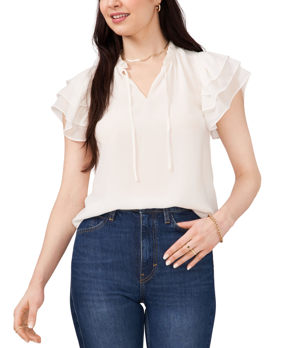 Shop 1.state Women's Tie Neck Short Flutter-sleeve Blouse In New Ivory