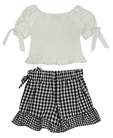 Toddler Girls Knit Smocked Top with Eyelet Puff Sleeves and Gingham Short Set
