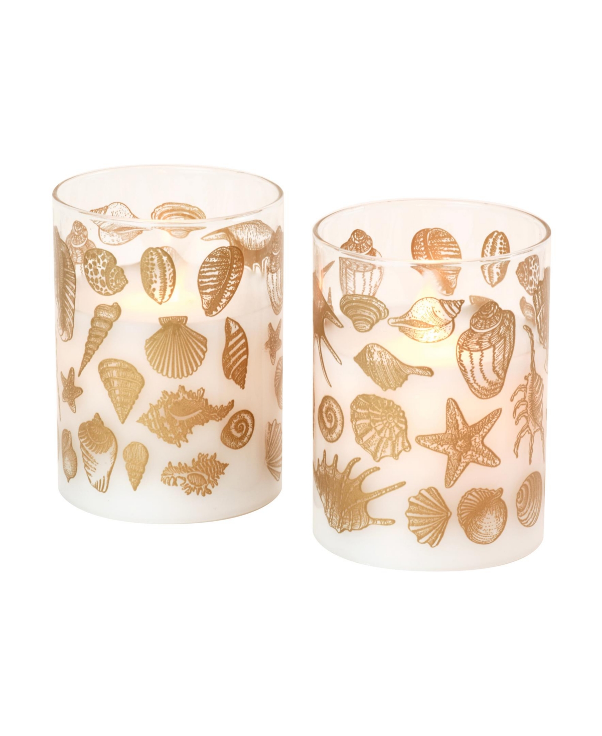 Battery Operated Seashells Led Glass Candles with Moving Flame, Set of 2 - Gold-Tone