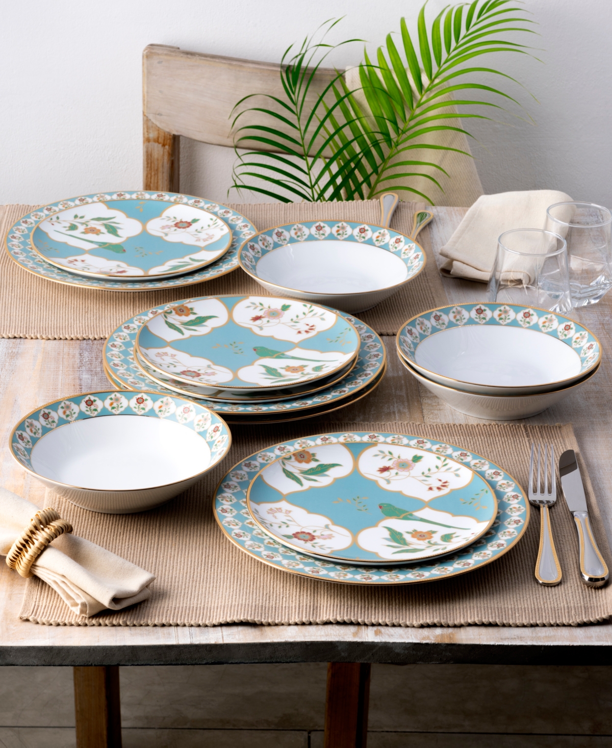 Noritake Lodi's Morning 20 oz Soup Bowls, Set Of 4 In White,blue,gold-tone Band