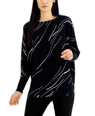 Alfani Petite Printed Boat-Neck Sweater, Created for Macy's - Black - Size P/L