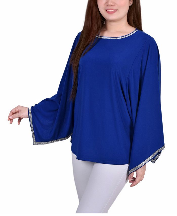 NY Collection Petite Size Long Batwing Top with Glitz Tape at Neckline