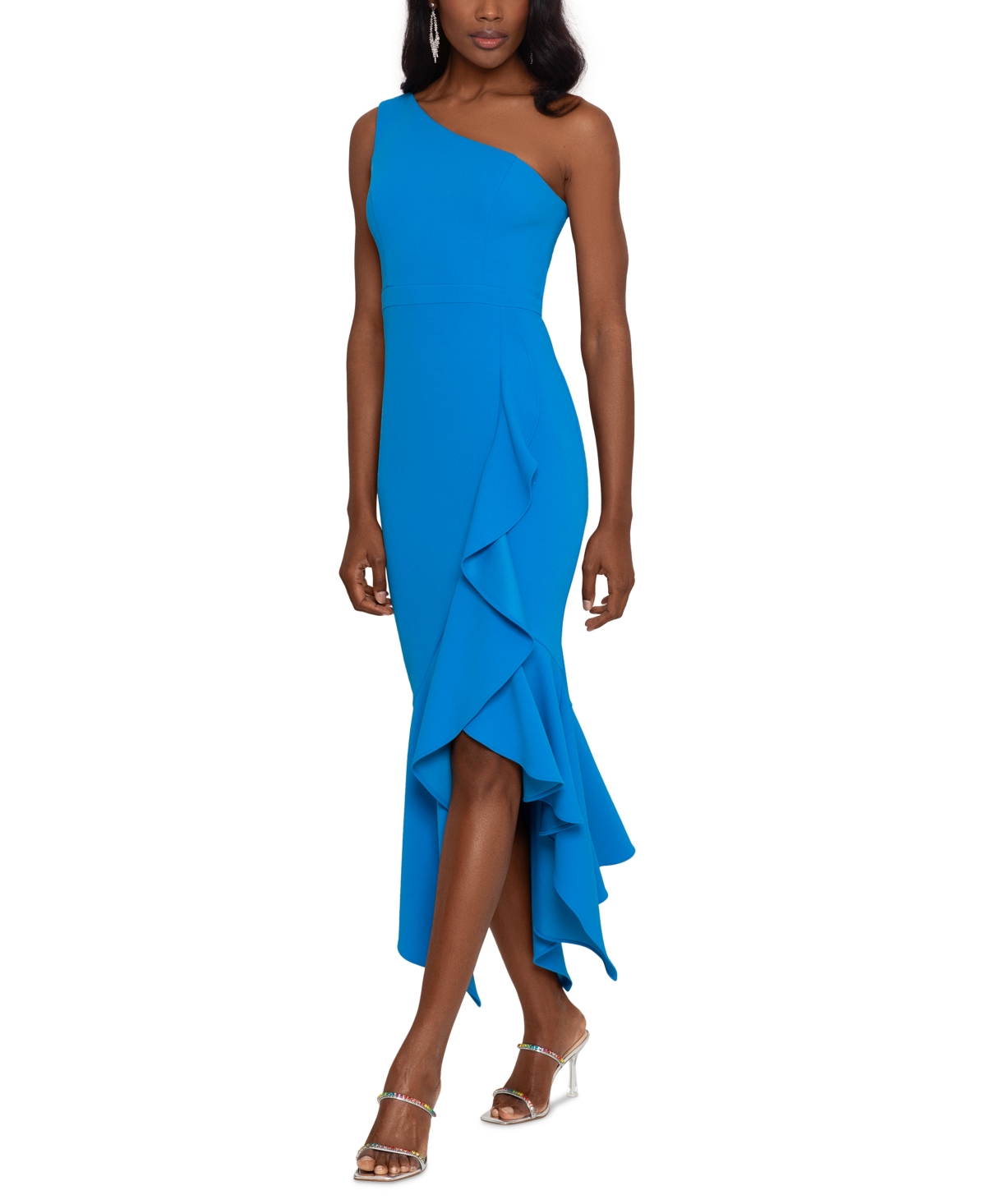 Xscape One-shoulder Asymmetric Hem Gown In Blue