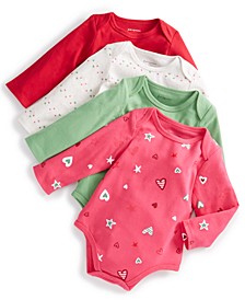 Baby Girls 4-Pk. Solid & Heart-Print Bodysuits, Created for Macy's 