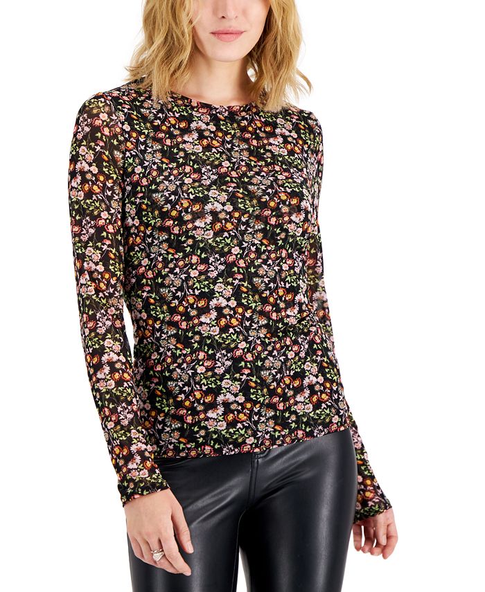INC Int'l Concepts 2X black floral mesh 3/4 sleeve scoop neck top w/side ruching 