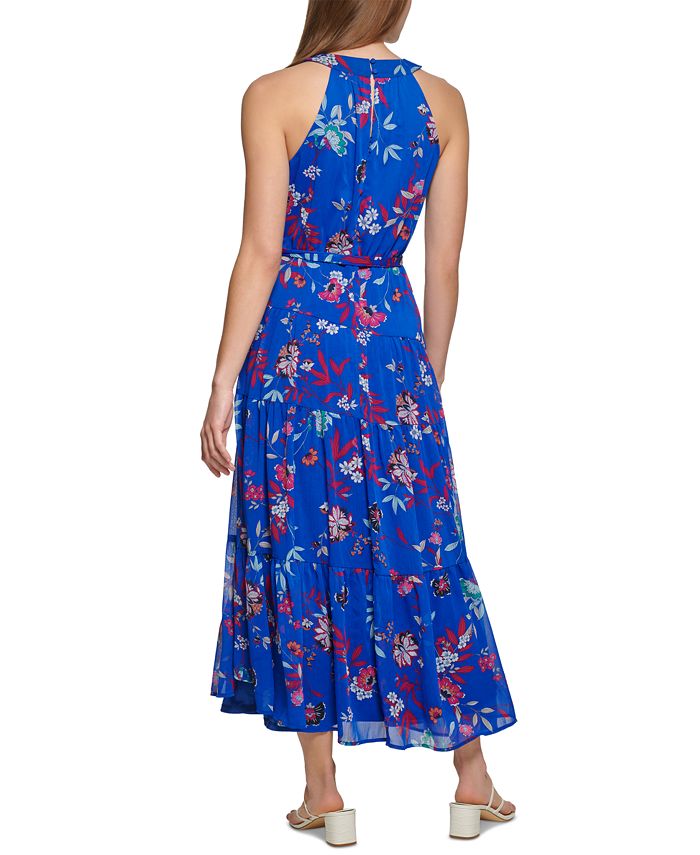 Calvin Klein Petite Floral-Print Belted Tiered Halter Maxi Dress - Macy's
