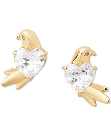 Gold-Tone Cubic Zirconia Heart Love Birds Stud Earrings