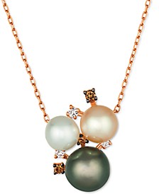 Multicolor Pearl (6-8mm) & Diamond (1/10 ct. t.w.) Cluster Pendant Necklace in 14k Rose Gold, 17" + 2" extender