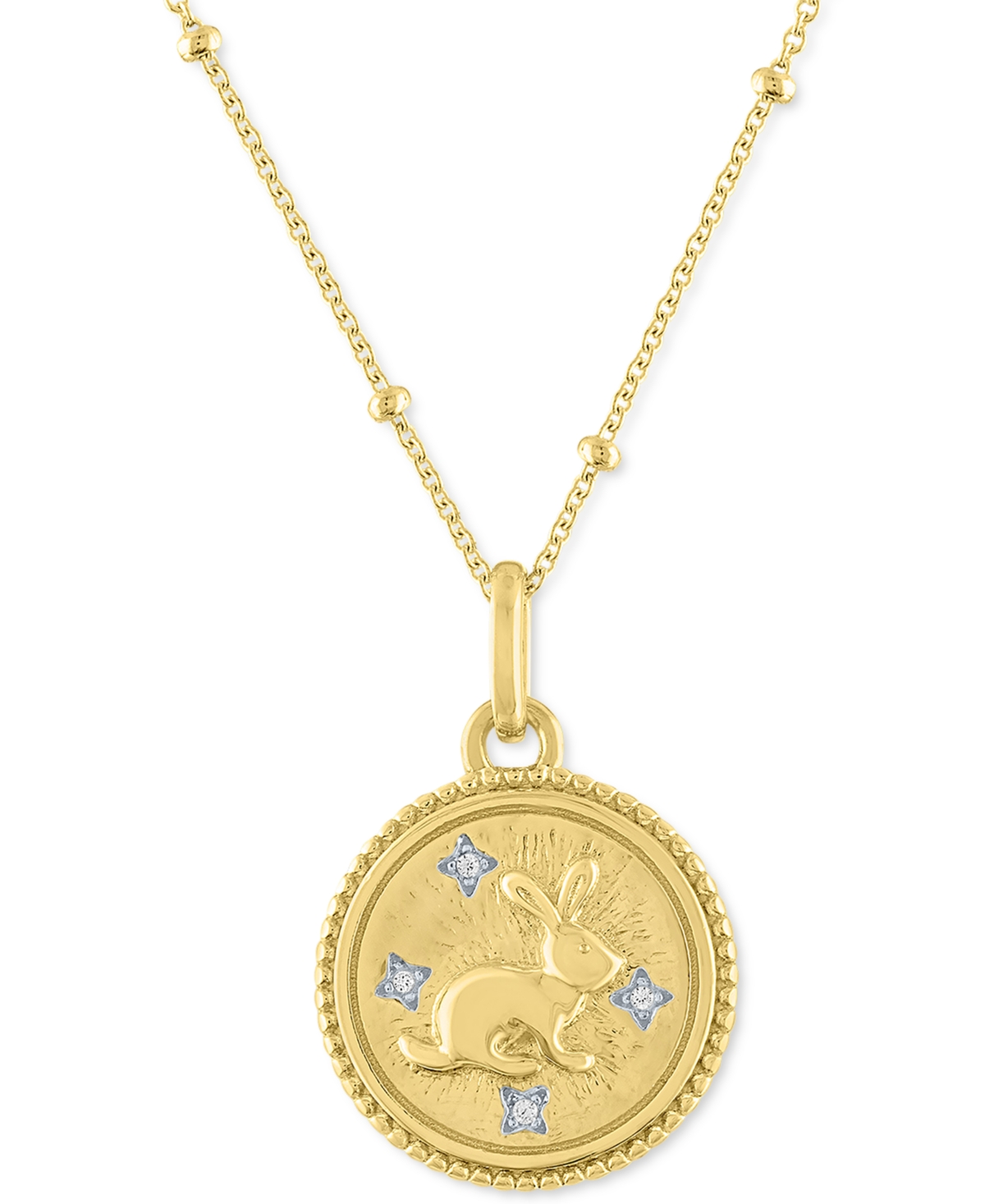 Macy's Diamond Accent Chinese Zodiac Disc 18" Pendant Necklace In 14k Gold-plated Sterling Silver In Rabbit