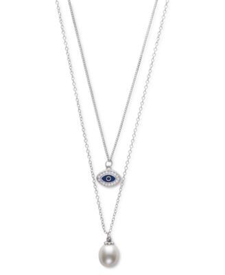 Belle de Mer - Cultured Freshwater Pearl (8mm) & Cubic Zirconia & Enamel Evil Eye Layered Necklace in Sterling Silver, 16" + 1" extender