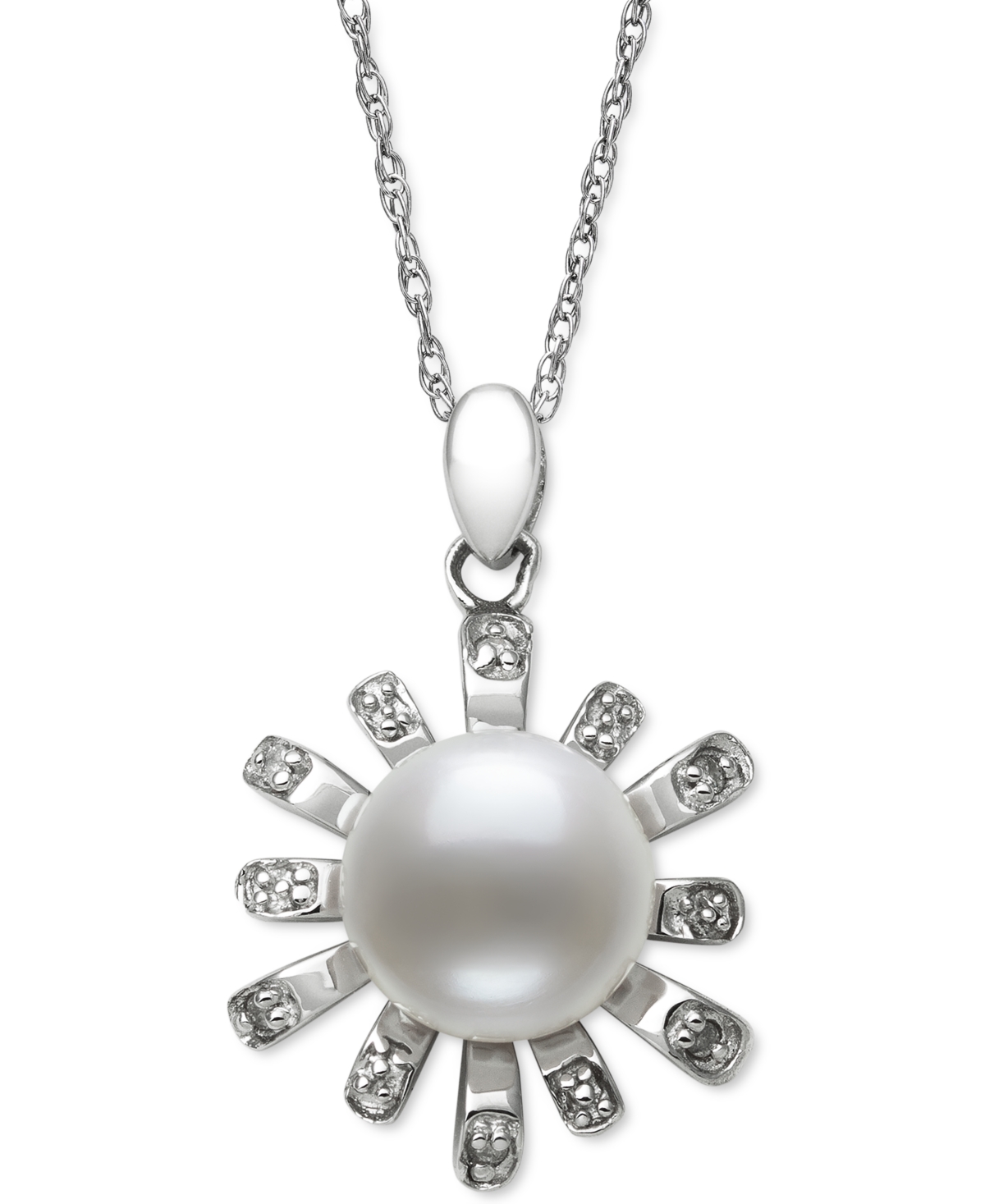 Belle De Mer Cultured Freshwater Button Pearl (8mm) & Diamond Accent Sunburst 18" Pendant Necklace I In Sterling Silver