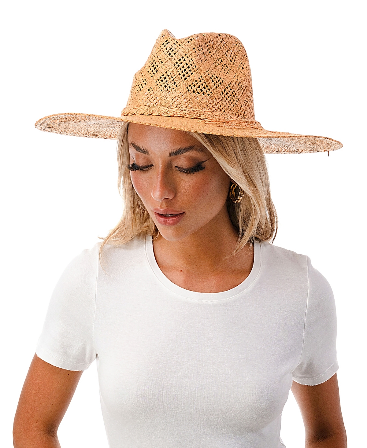 Marcus Adler Women's Wide Brim Straw Hat With Ribbon Trim In Camel