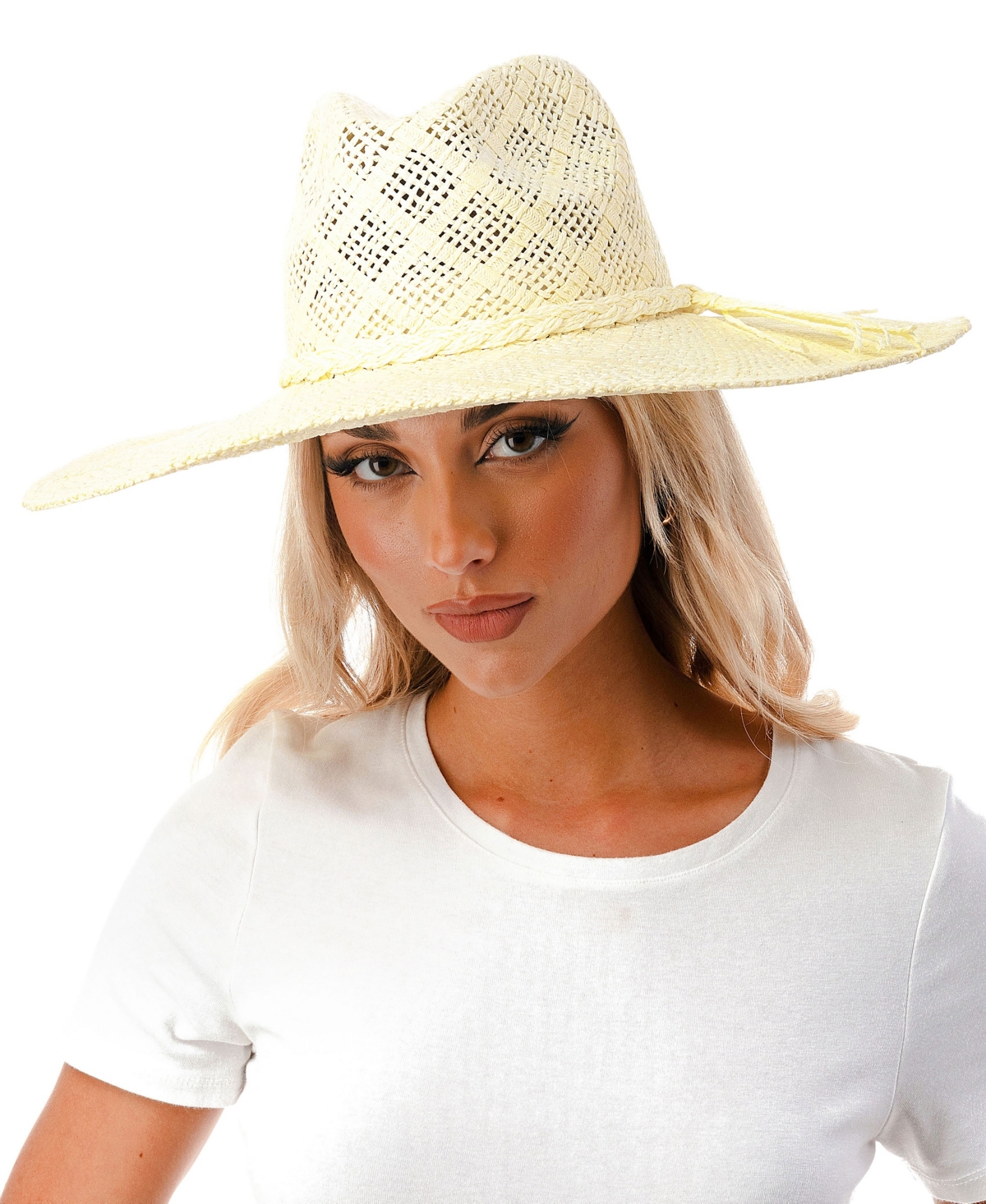 Women's Wide Brim Straw Hat with Ribbon Trim - Black
