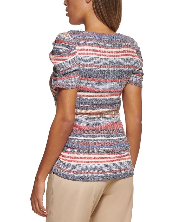 Dkny Womens Striped Ruched Sleeve Knit Top Macys 