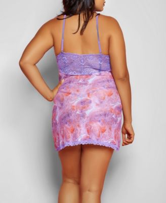 Selena Plus Size 2 Piece Lace V-Neck Floral Chemise Lingerie Set