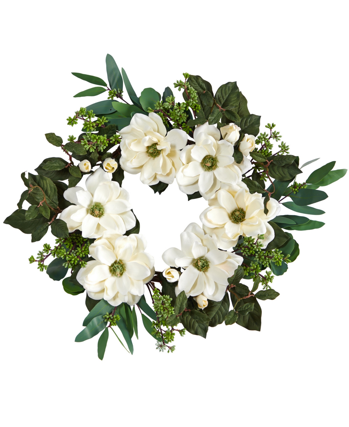 Nearly Natural Magnolia, Eucalyptus And Berries Artificial Wreath, 23" In White