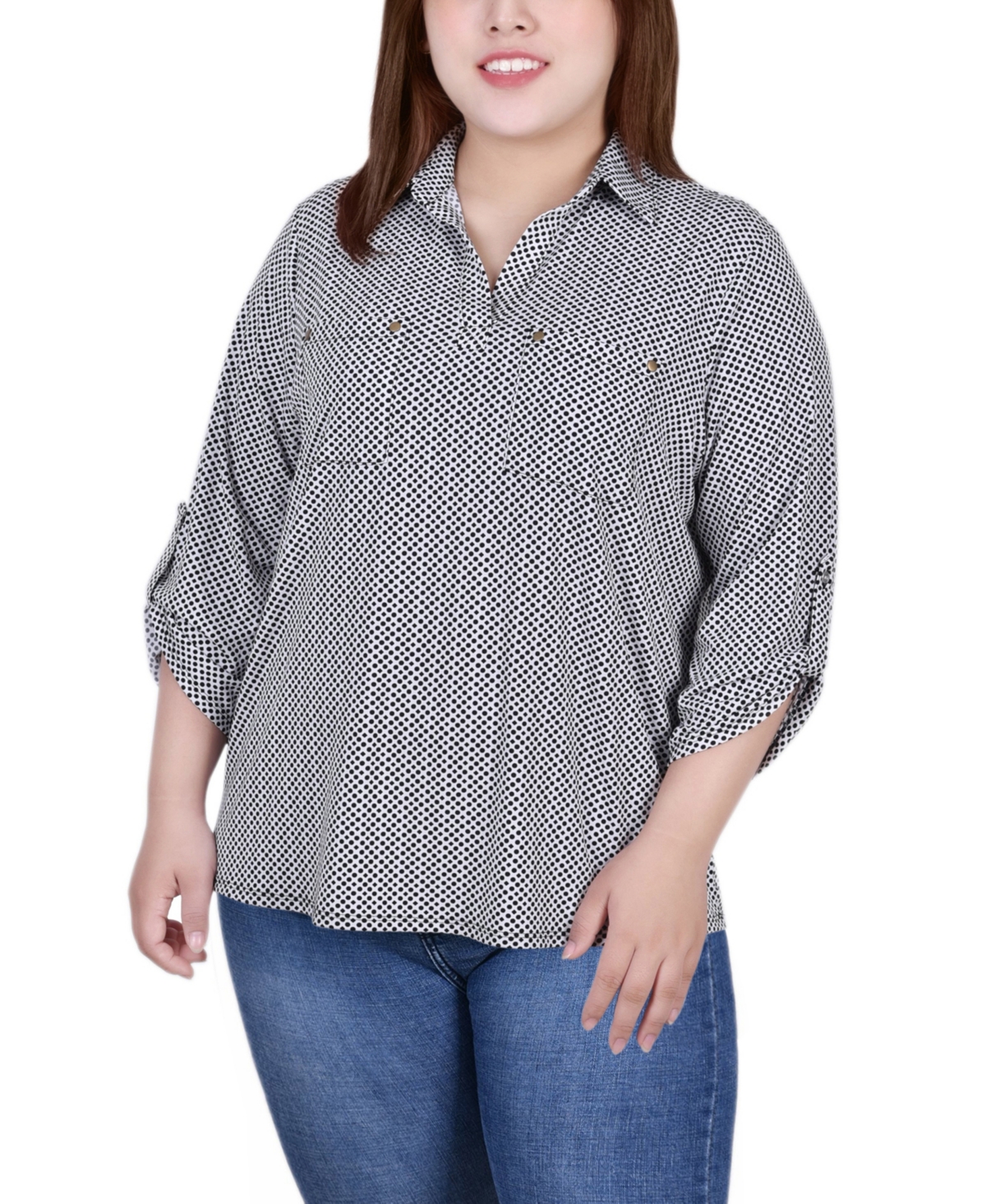 Ny Collection Women's 3/4 Ruched Sleeve Studded Y-neck Top In Circles And Diamonds