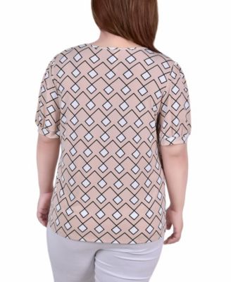 Plus Size Short Puff Sleeve Sheer Inset Top