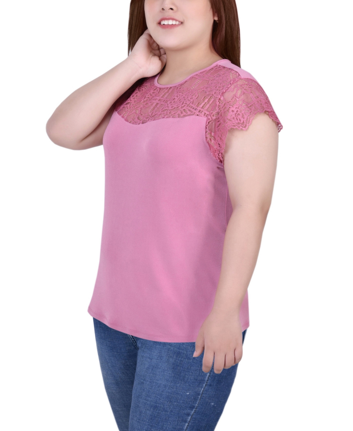 Ny Collection Plus Size Short Sleeve Lace and Crepe Top