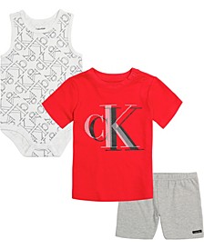 Baby Boys Monogram T-shirt, Sleeveless Bodysuit and Heather Pull-On Shorts Set, 3 Piece