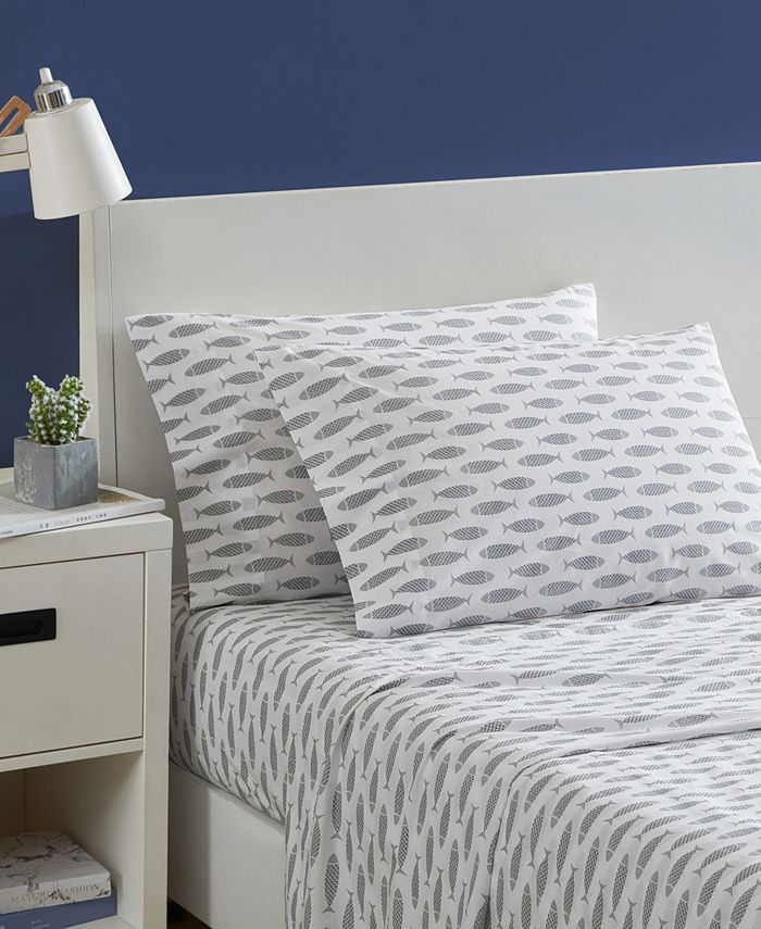 Nautica Woodblock Fish Cotton Percale 4Piece Sheet Set, King Macy's