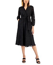 Petite Jacquard Mesh-Sleeve Belted Shirtdress, Created for Macy's