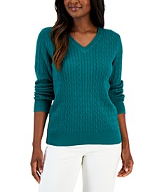 Petite Cotton V-Neck Cable Sweater, Created for Macy's