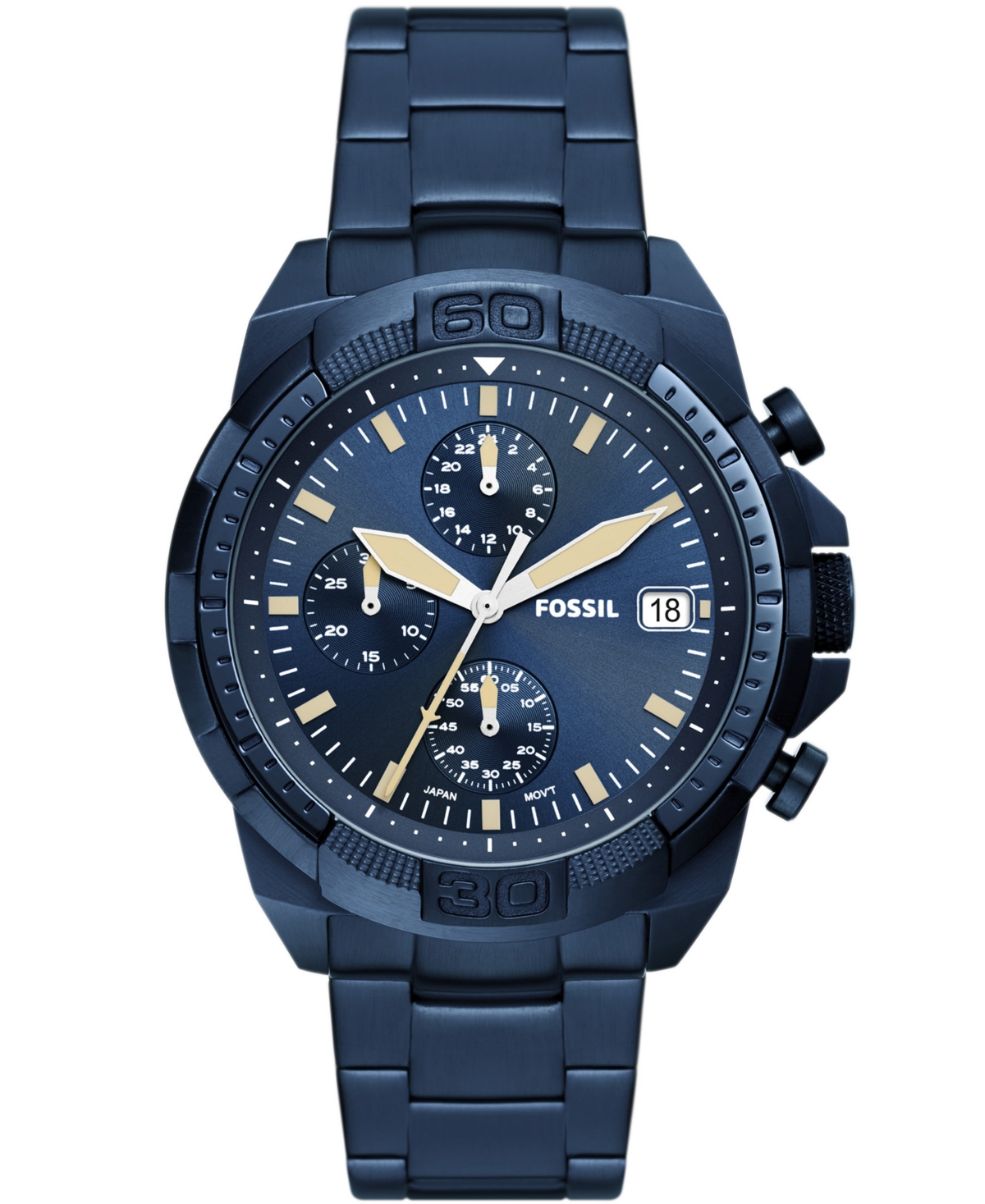 FOSSIL MEN'S BRONSON CHRONOGRAPH, BLUE ION PLATING STAINLESS BRACELET WATCH 44MM