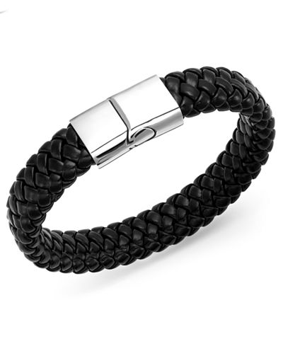 Sutton by Rhona Sutton Men's Stainless Steel Clasp and Black Braided Leather Bracelet