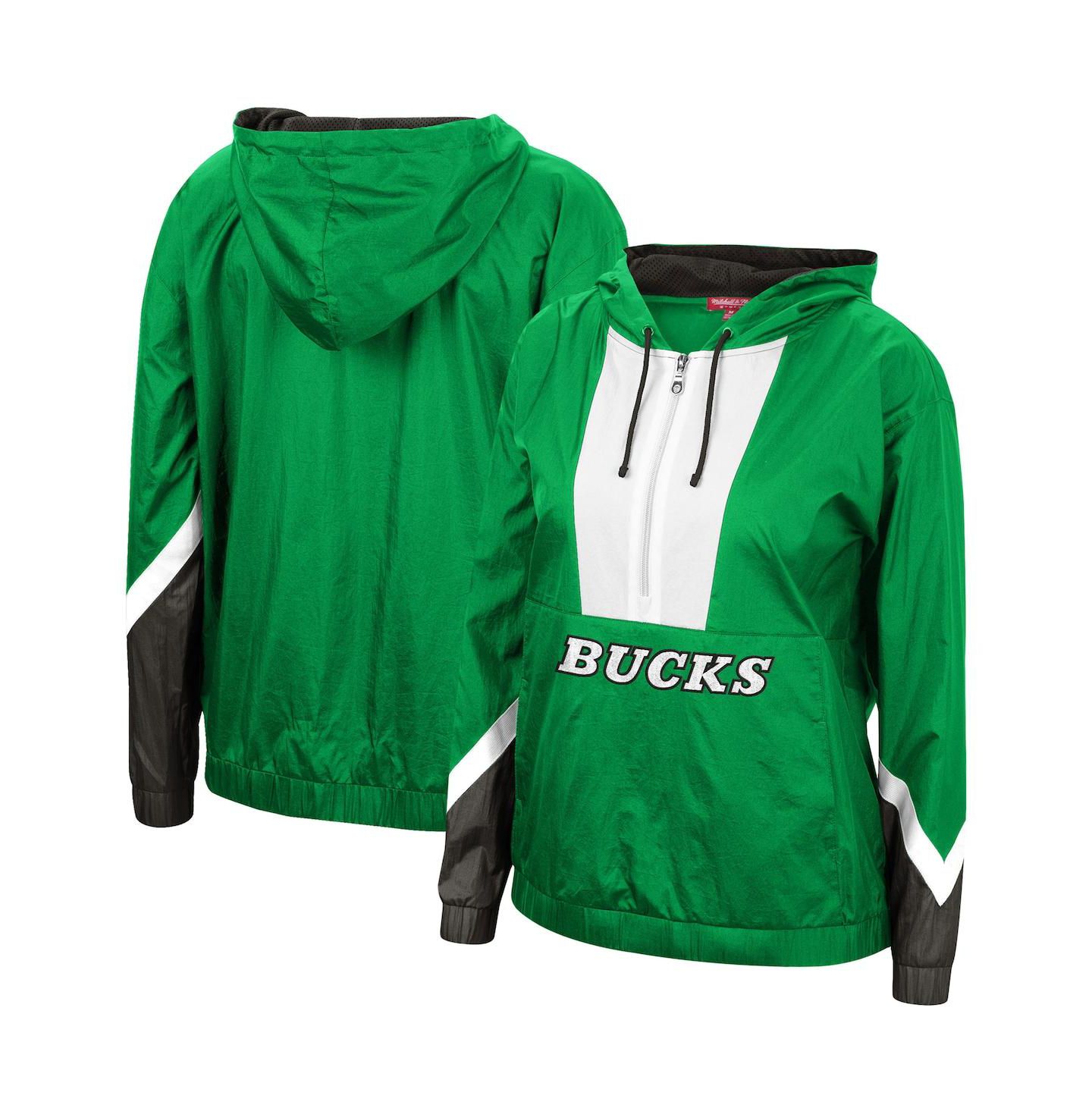 Женская куртка Mitchell & Ness Green Milwaukee Bucks Half-Zip Windbreaker 2.0 Hoodie Jacket — фото 1