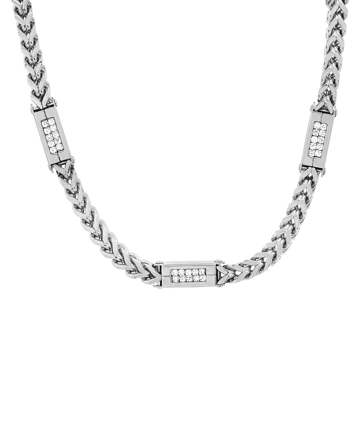 Men's Stainless Steel Wheat Chain and Simulated Diamonds Link Necklace - Silver-tone