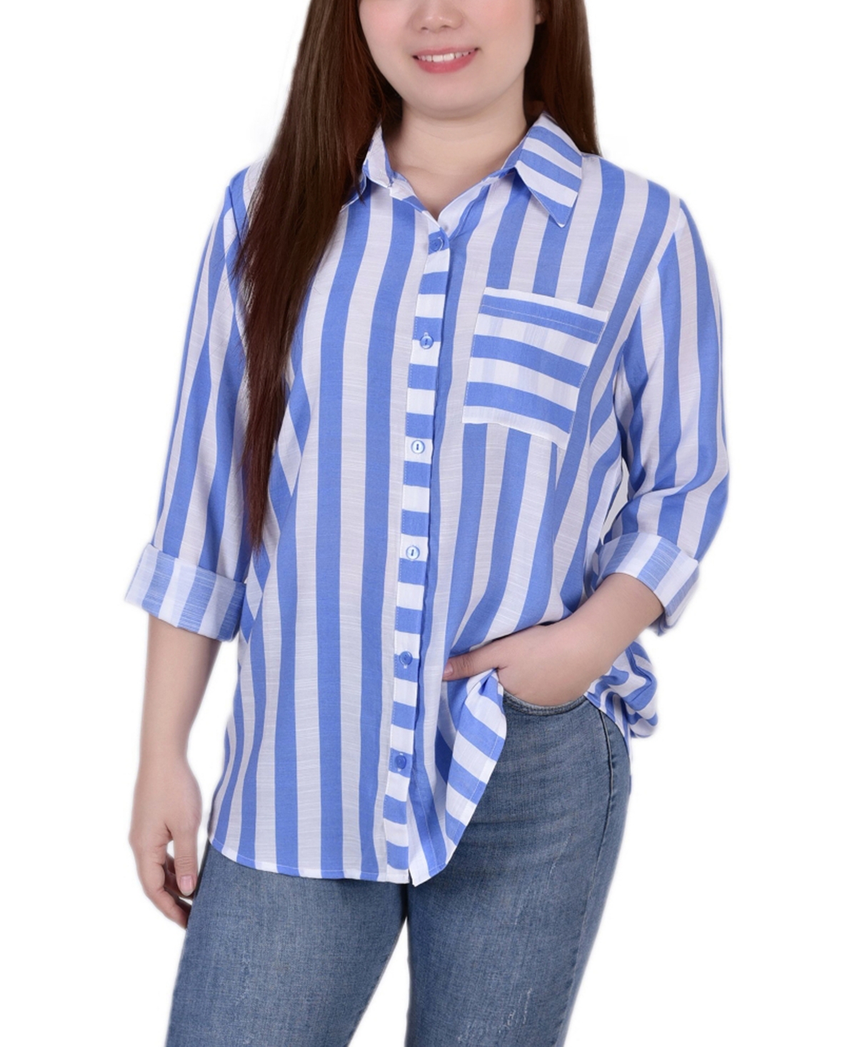 Shop Ny Collection Women's Missy Long Sleeve Striped Blouse Top In Serenity White