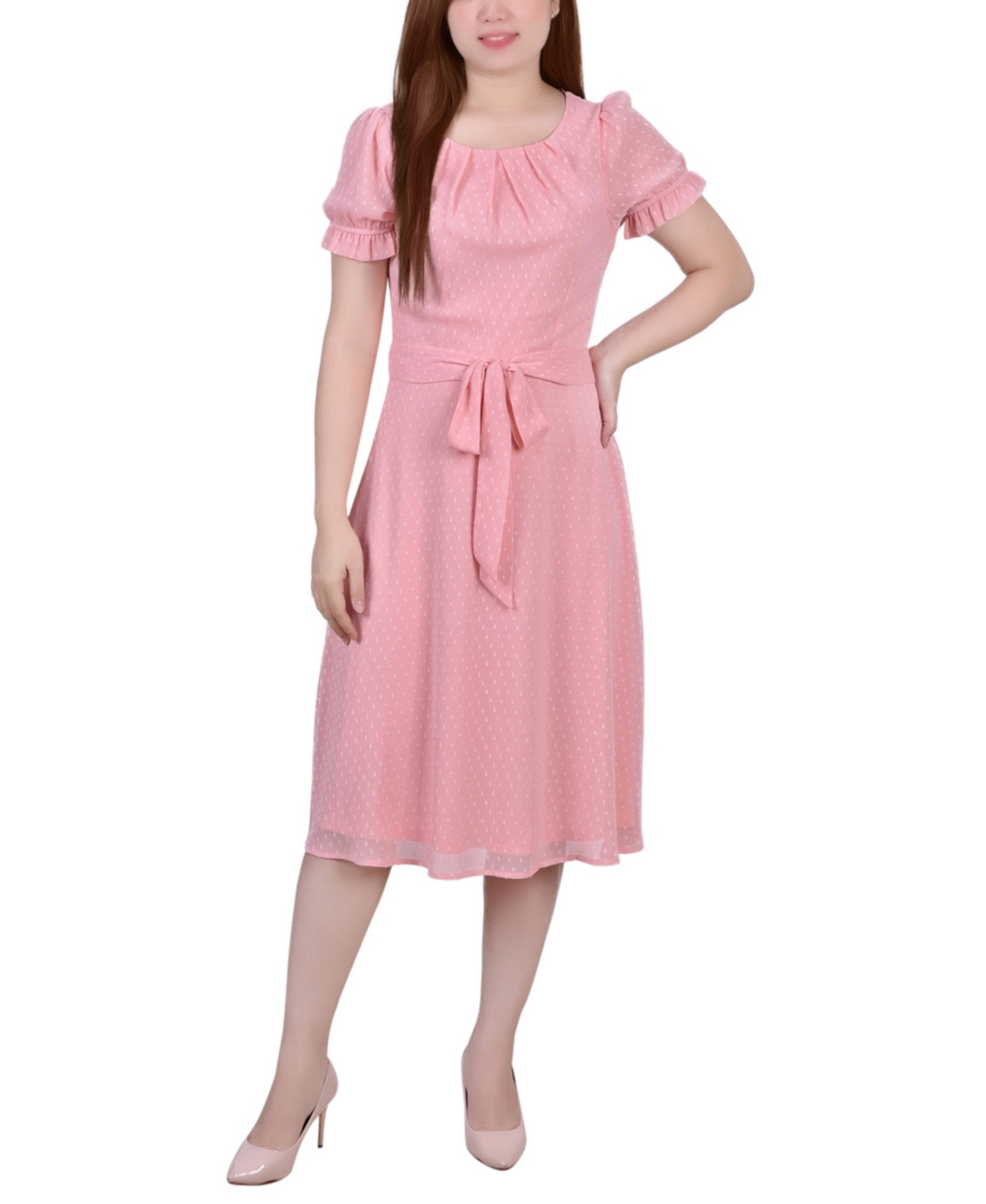 NY COLLECTION WOMEN'S SHORT SLEEVE BELTED SWISS DOT DRESS 