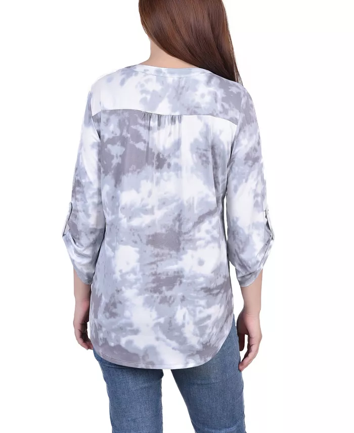 Women's Knit Jacquard 3/4 Sleeve Roll Tab Top - thumbnail 7