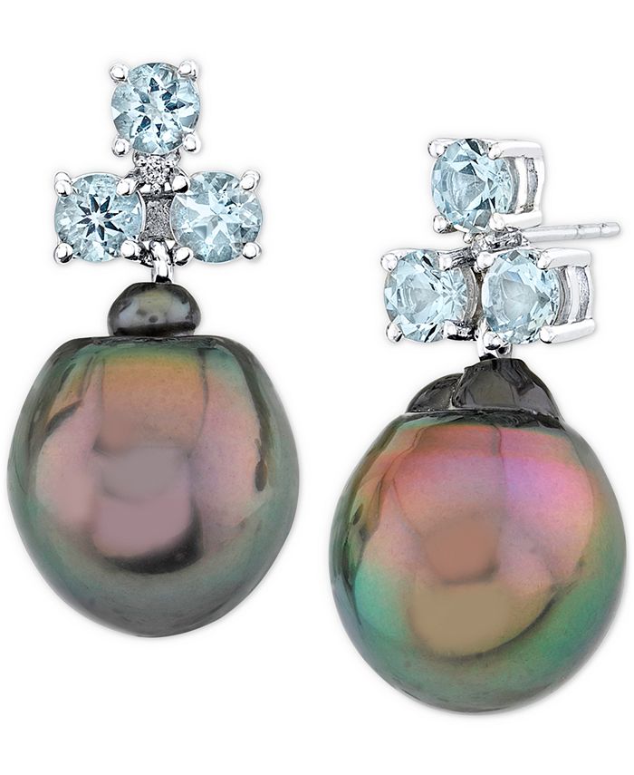 Macy's - Cultured Tahitian Pearl (12mm), Aquamarine (1-1/2 ct. t.w.) & Diamond Accent Drop Earrings in 14k White Gold