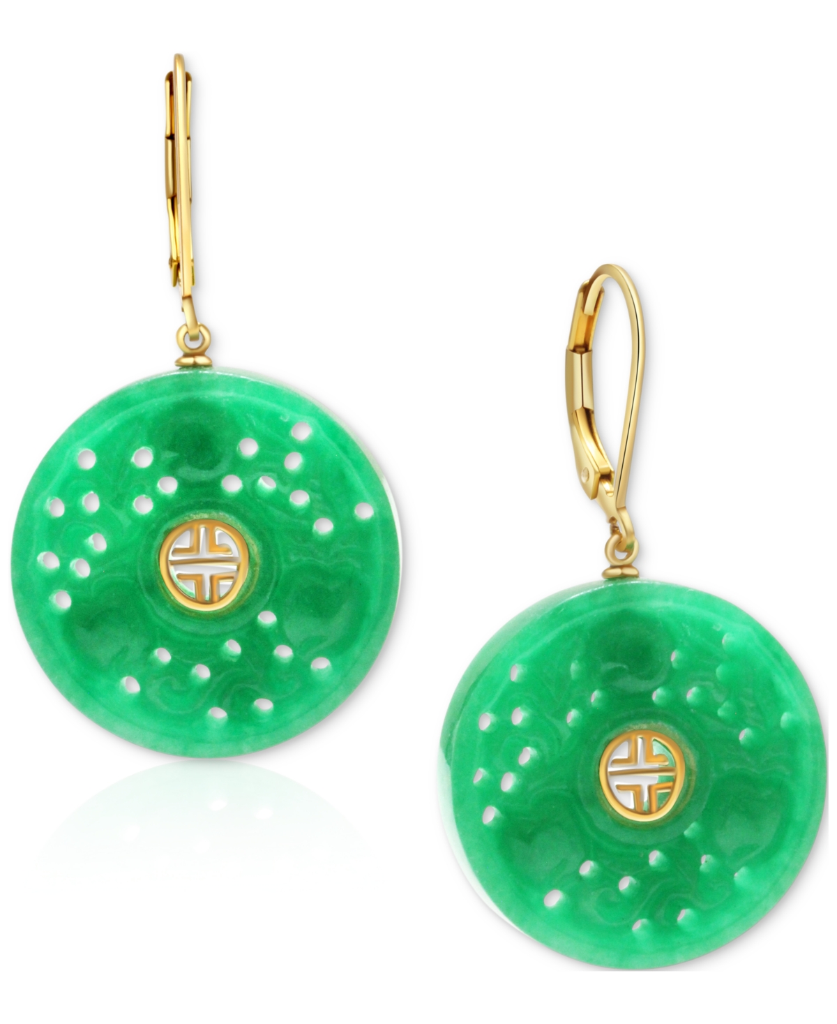 Macy's Dyed Green Jade Disc Leverback Drop Earrings In 14k Gold-plated Sterling Silver