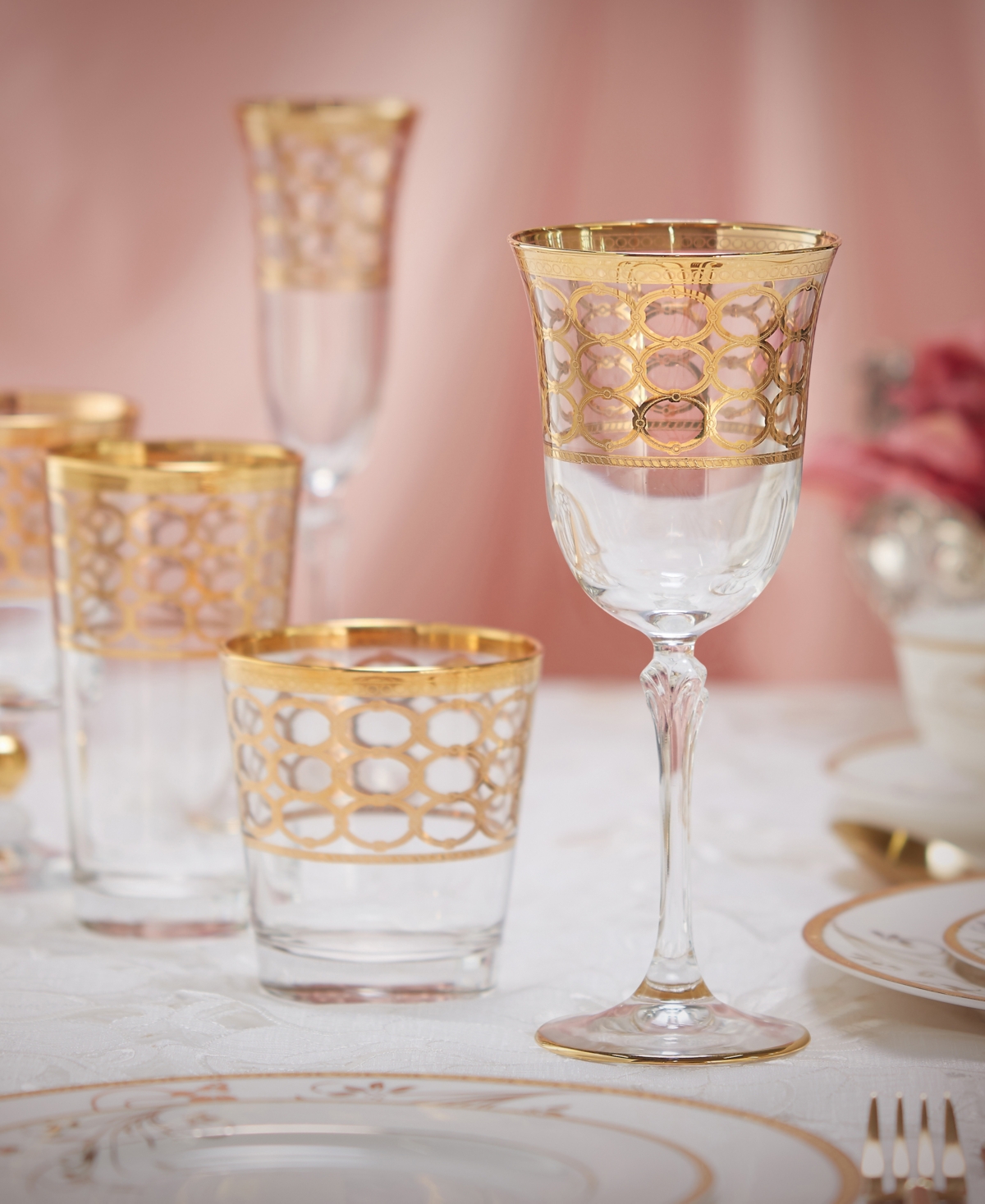 Lorren Home Trends 4 Piece Infinity Gold Ring Red Wine Goblet Set - Gold-Tone