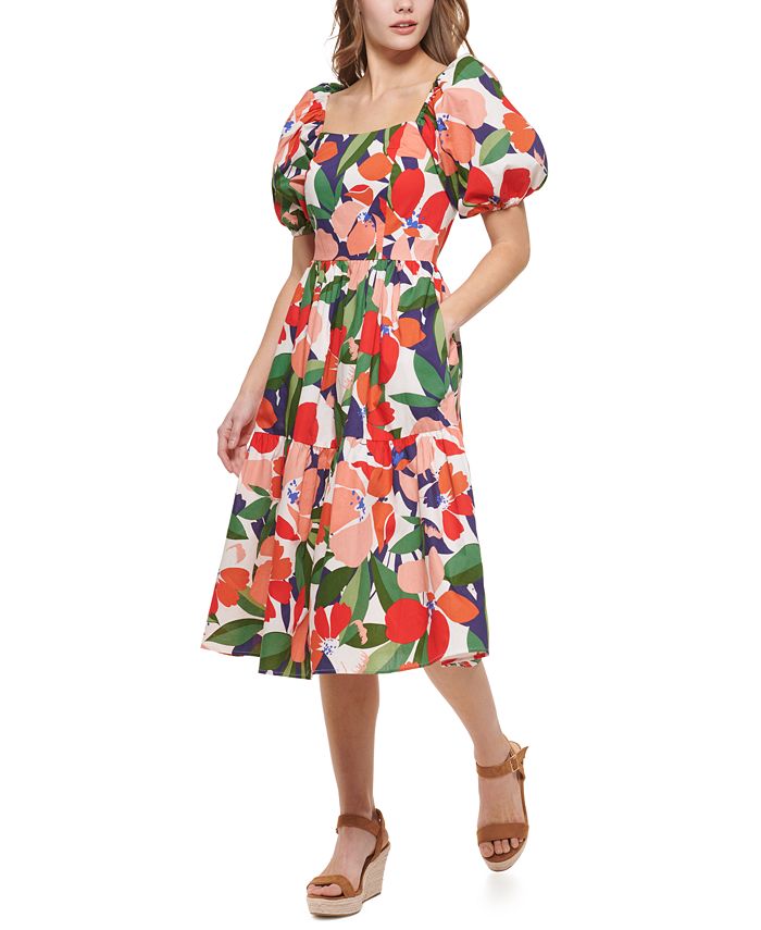 Vince Camuto Women's Floral-Print Puff-Sleeve Midi Dress - Macy's