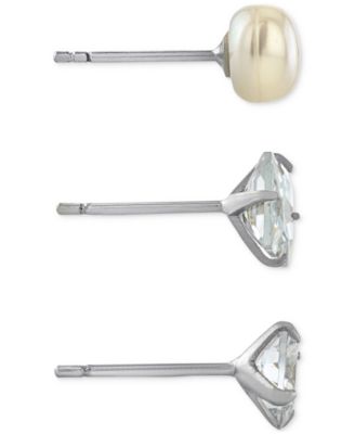 Giani Bernini 3-Pc. Cubic Zirconia & Cultured Freshwater Pearl (7mm) Stud Earrings in Sterling Silver, Created for Macy's