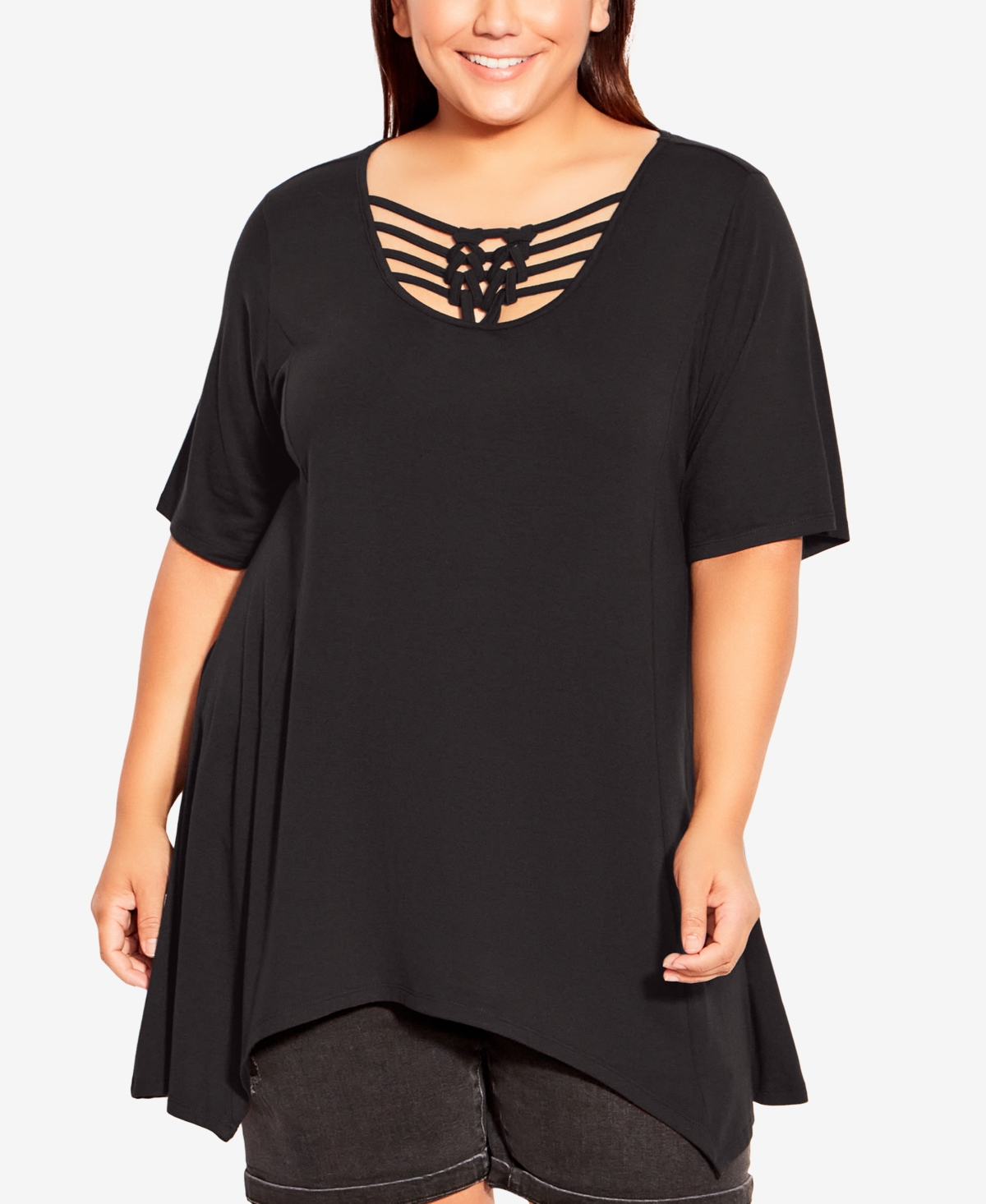 Avenue Plus Size Knotted Cage Tunic Top In Black