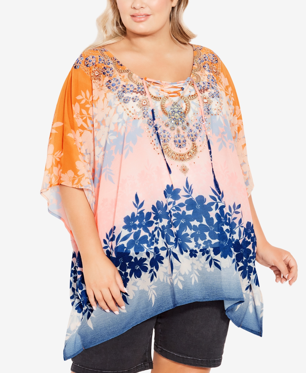 Avenue Plus Size Vienna Beaded Kaftan Top In Ombre Floral